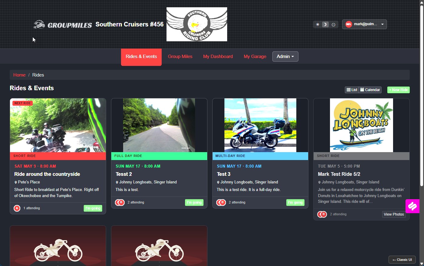 Rides & Events card grid